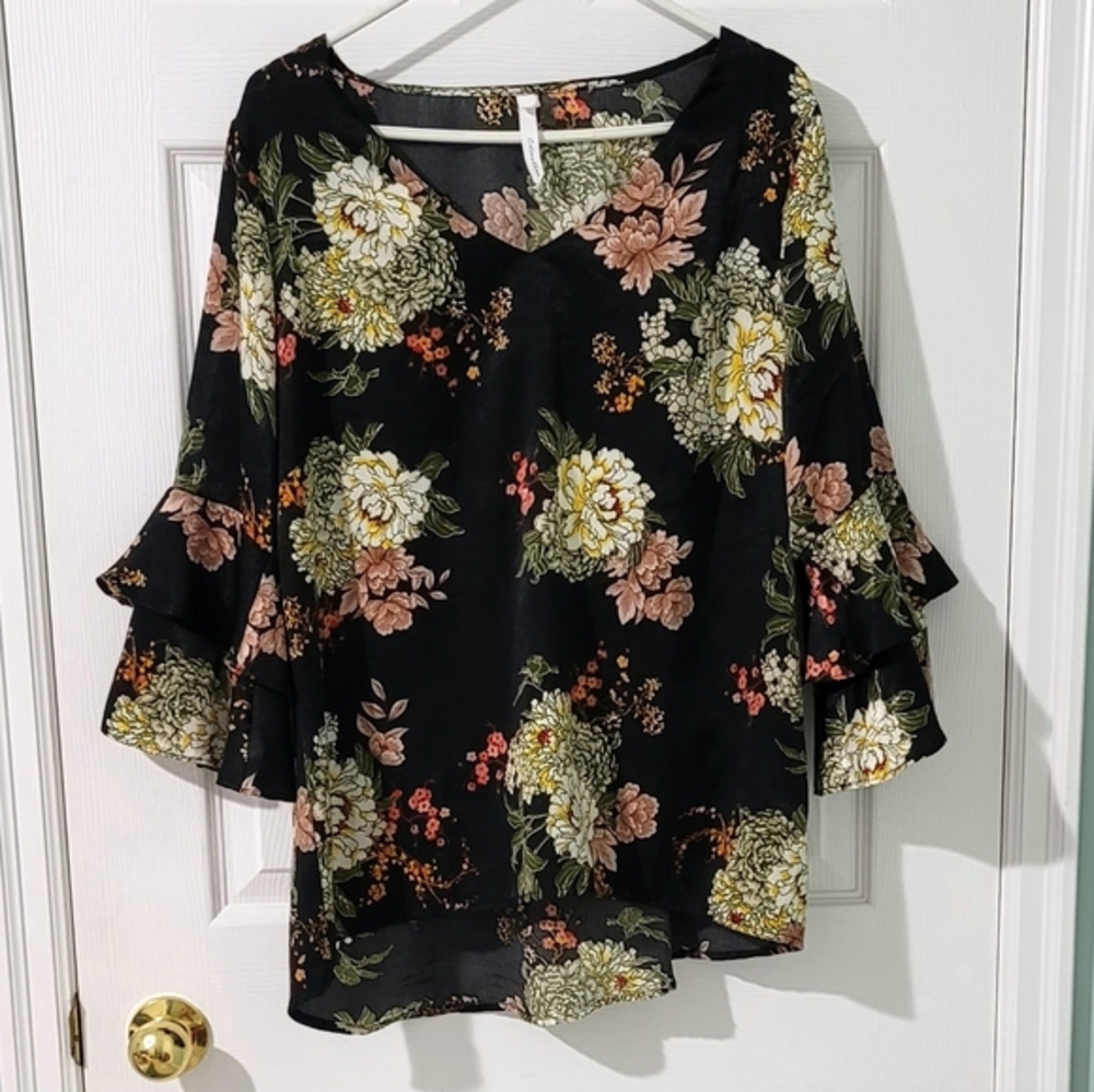 NY Collection Women's Floral Long Sleeve Ruffled Blouse Size L